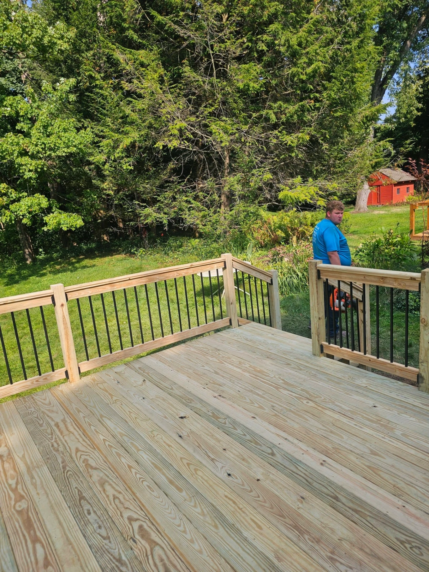 Pressure treated deck with black spindle railings overlooking a landscaped backyard garden