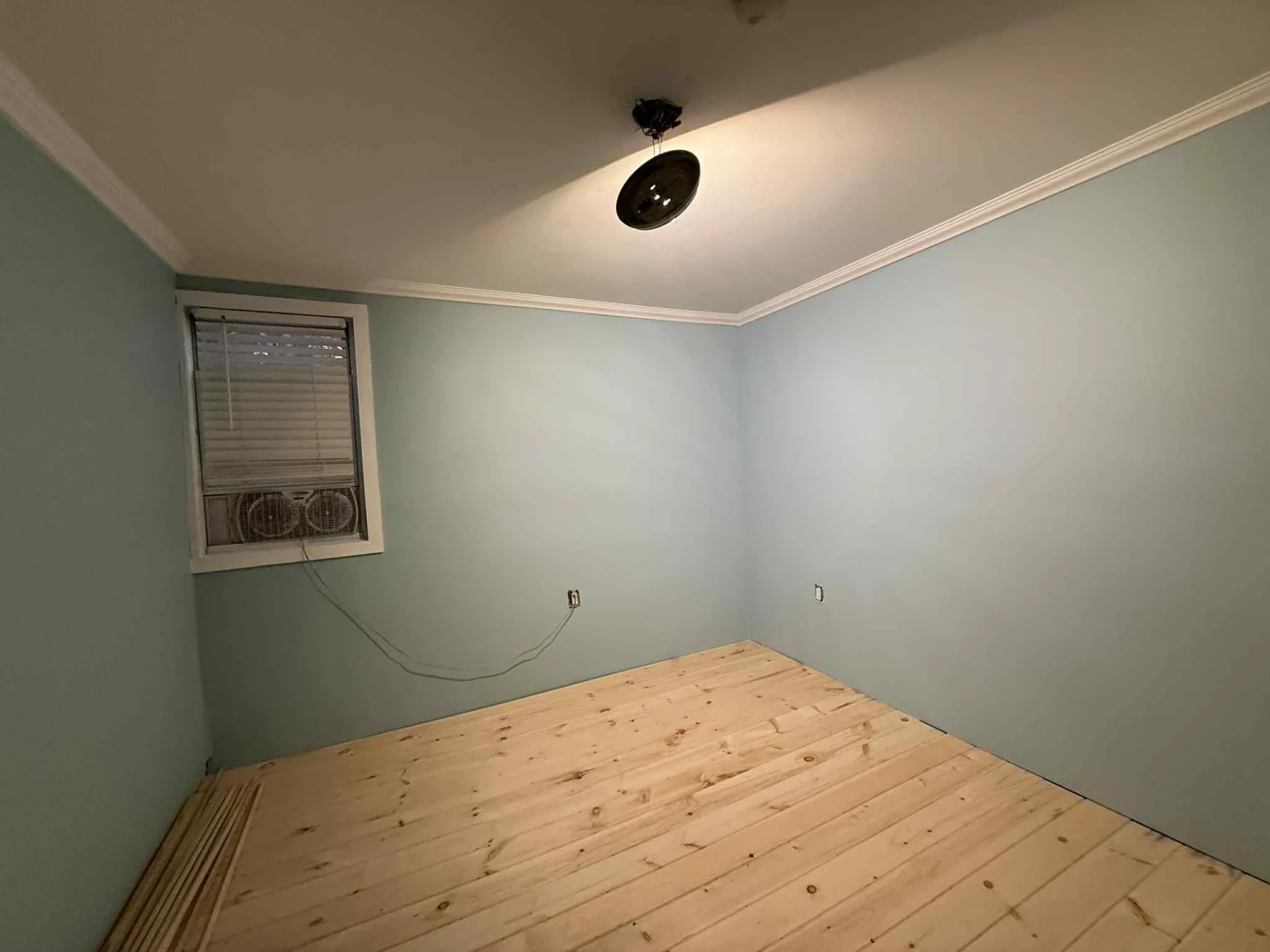 Interior bedroom with blue walls, white crown molding and natural pine plank flooring