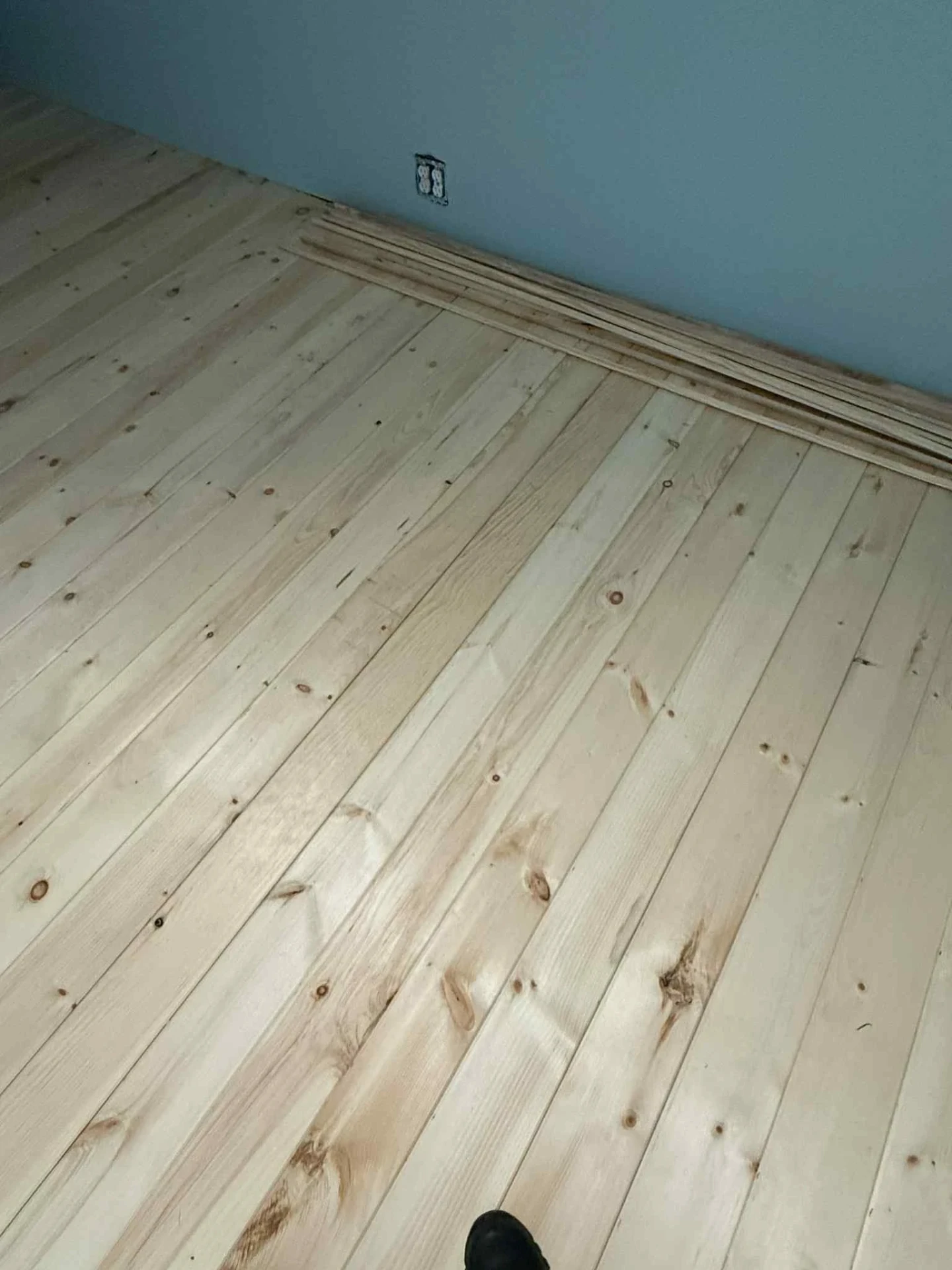 Close up of freshly installed wide plank pine flooring meeting blue painted wall and matching pine baseboard