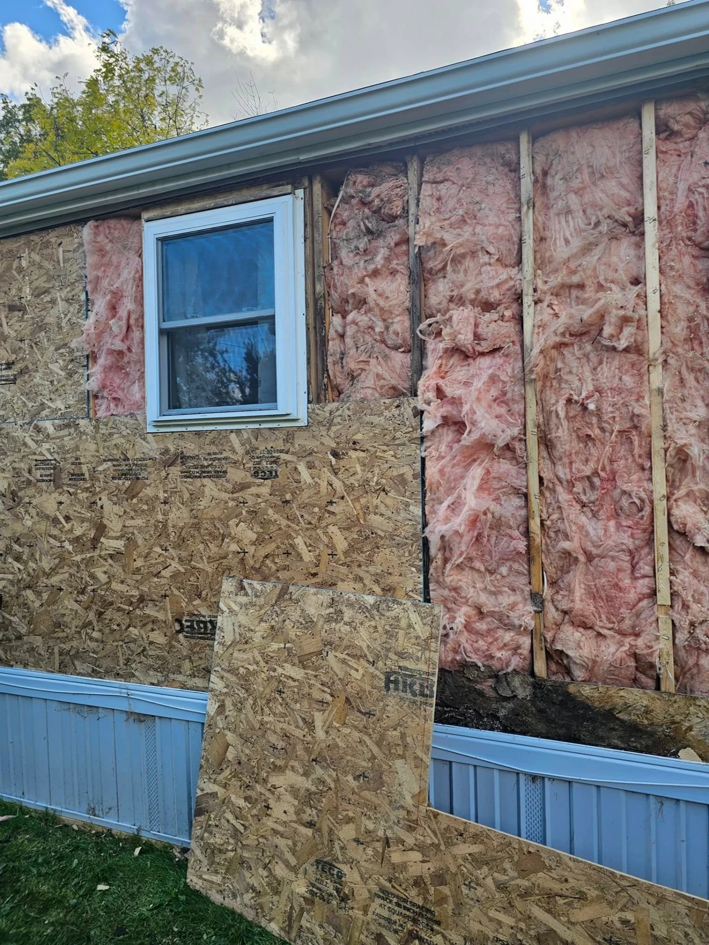 Old siding torn off exposing pink fiberglass insulation and OSB sheathing during a re-side